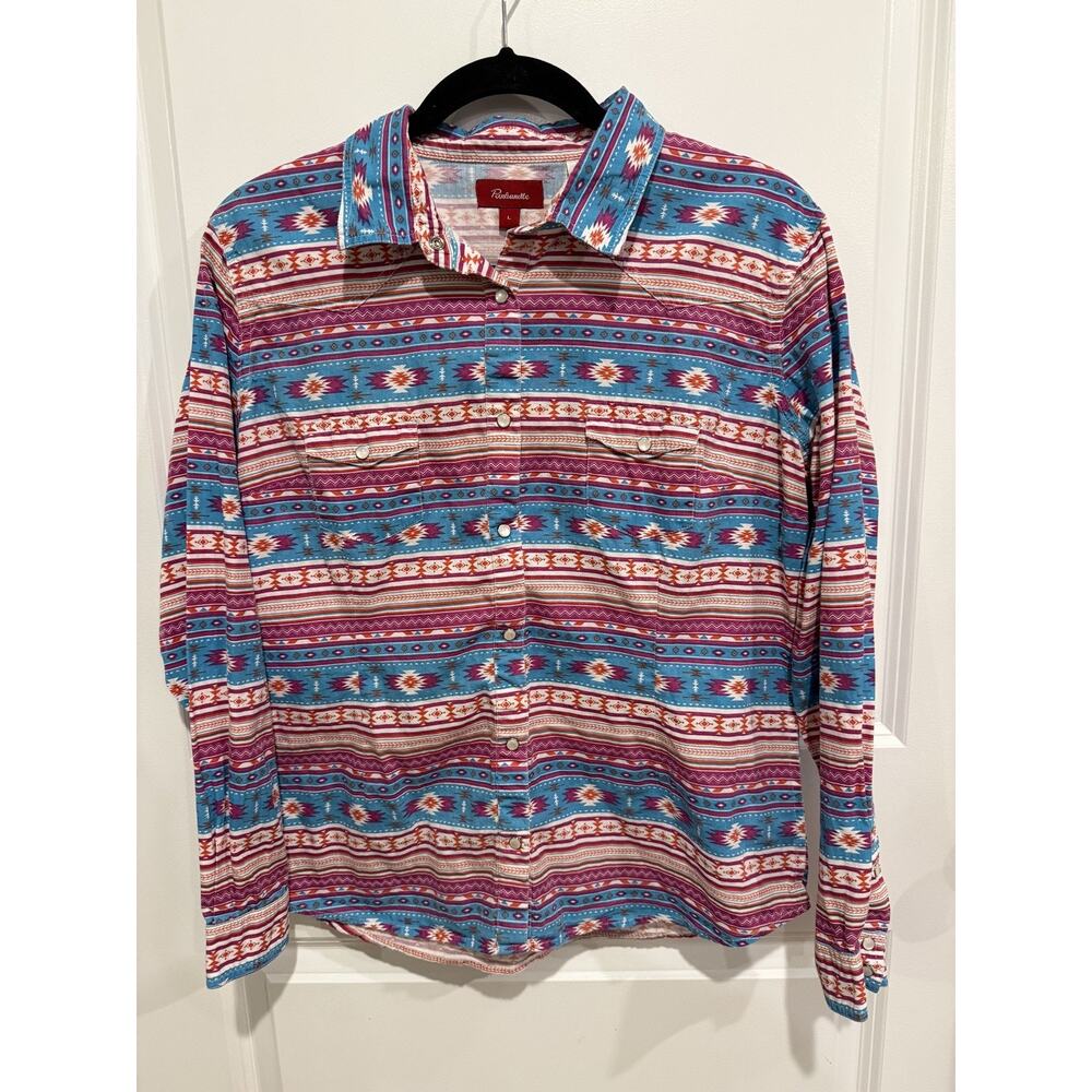 Panhandle Youth Western Pearl Snap Shirt Size Large Blue Purple Aztec Print